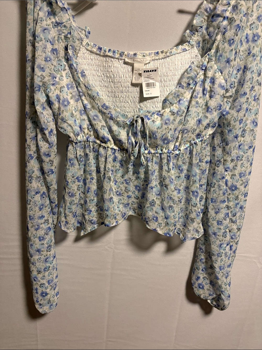 Full Tilt Light Blue Floral Smocked Peplum Blouse
